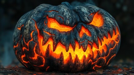 A menacing carved pumpkin with glowing orange eyes and jagged teeth, set against a dark background.