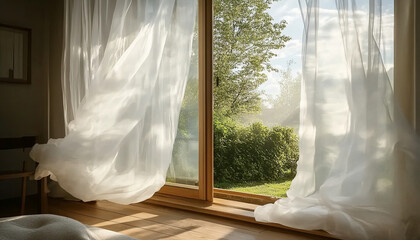 Sheer white curtains flutter in the breeze on a wooden window, revealing a view of a lush, sunny green garden. Natural light creates a fresh and serene ambiance. Ideal for themes of renewal, home, wel