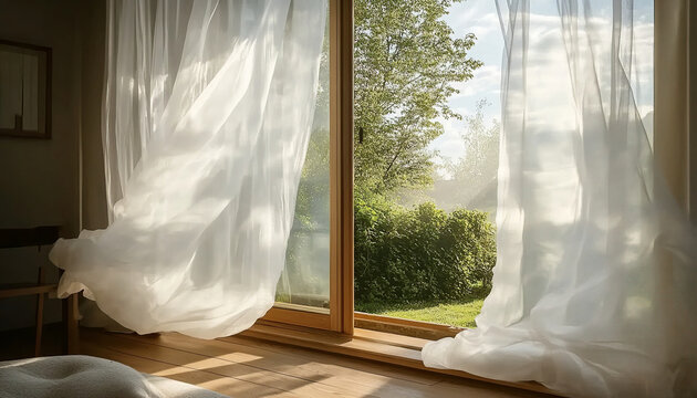 Sheer white curtains flutter in the breeze on a wooden window, revealing a view of a lush, sunny green garden. Natural light creates a fresh and serene ambiance. Ideal for themes of renewal, home, wel