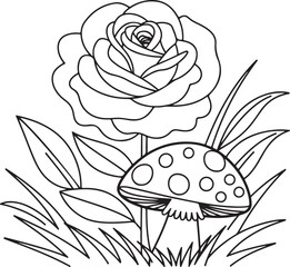 Rose Flower and Toadstool Mushroom Line Art Illustration – Nature Botanical Coloring Page | Detailed Line Art of Rose, Mushroom, and Leaves for Coloring