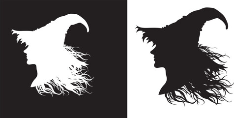 Witch Silhouette Profile with Flying Hair and Hat, Perfect for Halloween Designs black vector
