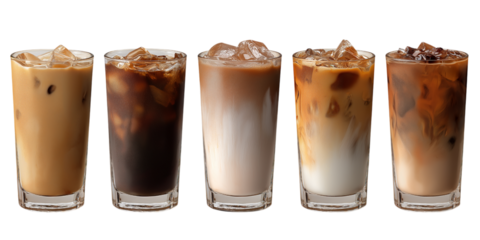 Five refreshing glasses of iced coffee with ice cubes isolated on white background