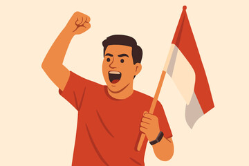 Indonesian Man Celebrating with Flag and Raised Fist