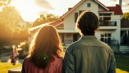 Young couple embracing in front of their big modern house, rear view. Happy family standing looking on their new property. Buying home of dream. Mortgage loan for young first time buyers concept
