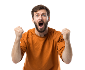 Joyful man celebrates victory with raised fists