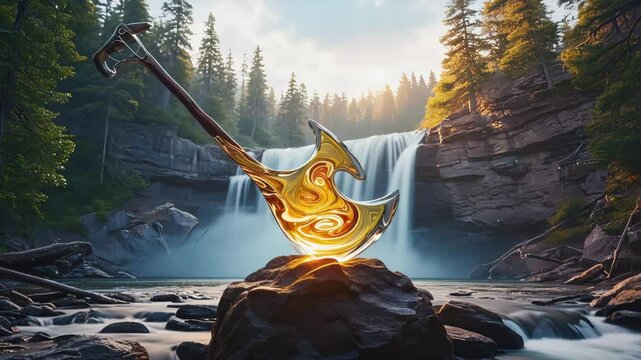 Camera zoom in , A golden axe glass sculpture is on the rock , waterfall background , 4K video.