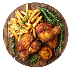 fried chicken wings with french fries with tomato sauce in a top view wood plate on transparent background