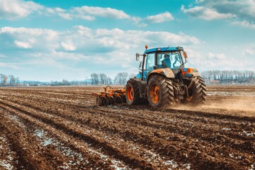 Fototapeta premium Agricultural Tractor Tilling Soil In Spring Season Field