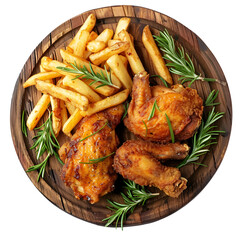 fried chicken wings with french fries with tomato sauce in a top view wood plate on transparent background