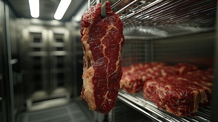 Raw beef steak hanging in a refrigerated storage unit.