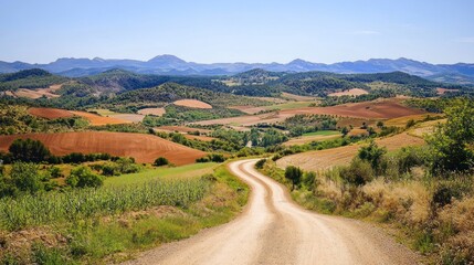 Serene Countryside Road Winding Through Rolling Hills