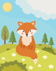 Сute fox sits on a summer meadow with flowers. Landscape with a red animal, trees, cloudy sky and sun