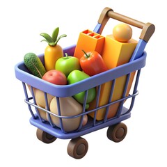 A cartoon shopping cart filled with fresh produce and grocery items on a white background render 3d icon