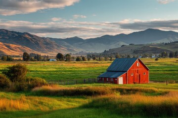 Obraz premium Scenic View of Red Barn Surrounded By Green Field