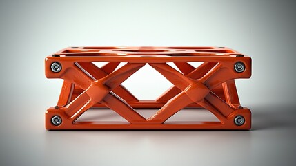 An orange, metallic support structure with an intricate design.