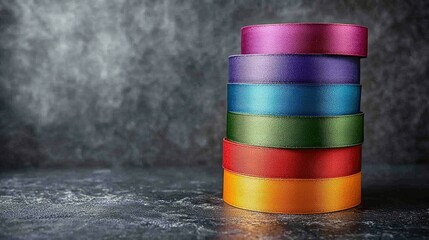 Stack of colorful satin ribbons on a dark surface.