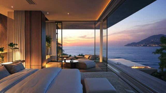 Luxurious oceanfront bedroom with stunning sunset views