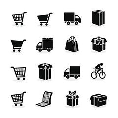 Shopping ecommerce and delivery vector silhouette icon set Black retail symbols with cart truck gift box package and cyclist for online store