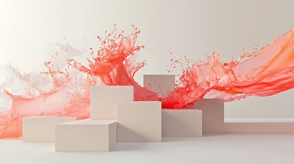 A series of stacked squares in neutral tones, punctuated by wild, fluid smears of bright coral and pink, disrupting the calm symmetry with energy.