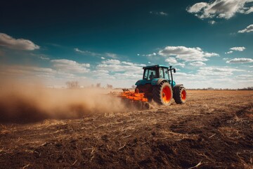 Fototapeta premium Agricultural Tractor Ploughing Field Under Beautiful Sky Farm