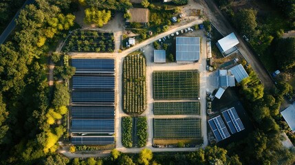 Aerial View of Sustainable Farm with Solar Panels