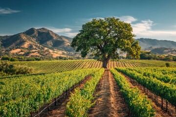 Naklejka premium Picturesque Vineyard Landscape With Mountain And Beautiful Tree