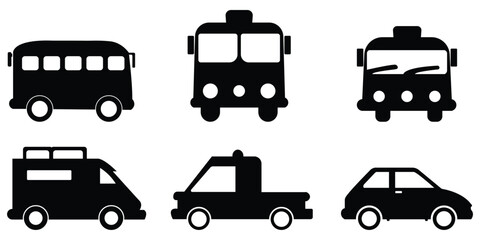 Black solid transportation icons set with cars, buses, and taxi silhouettes in vector format