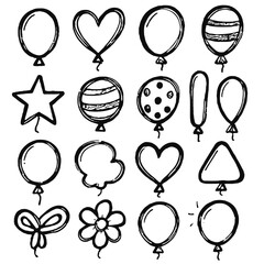 Hand-drawn balloons in various shapes and patterns on white background  
