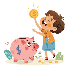 Happy child holding coin next to piggy bank in cartoon savings and finance concept illustration