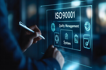 A businessman shows ISO quality ensure on holographic presentation