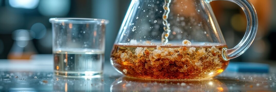 Crystallization process in glass beaker with brown liquid and translucent cup on table