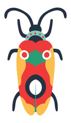 Colorful bug with long antennae and decorative patterns is standing still on a white background, viewed from above, showcasing its vibrant colors and intricate design
