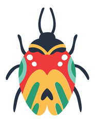 Colorful bug with decorative patterns featuring a red, yellow, and green body, black head and legs, and white spots, creating a vibrant and whimsical image on a white background