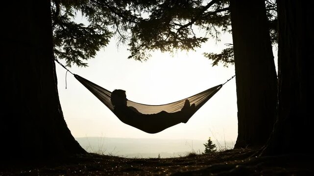 Silhouette of a person relaxing in a hammock, strung between trees in a quiet forest