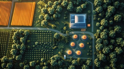 Sustainable Farm: Aerial View of Eco-Friendly Agriculture and Renewable Energy