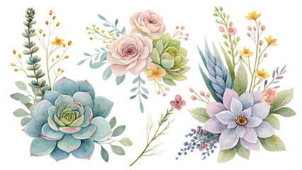 Delicate floral arrangements, perfect for adding a touch of natural beauty. Featuring succulents, roses and other elegant blossoms, these watercolor illustrations are a feast for the eyes