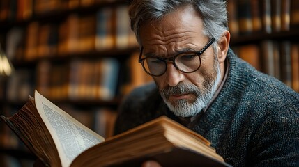 Elderly man deeply engaged in reading a book in a private library