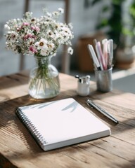 Desk Still Life with Notepad Flowers and Stationery