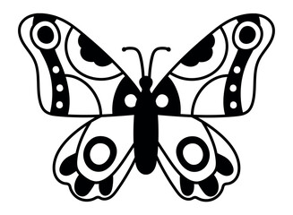 Butterfly with big wings and big circles, black and white drawing representing a butterfly with open wings, perfect graphic for simple designs