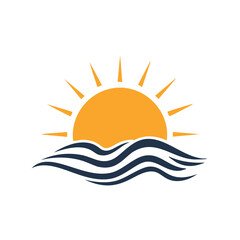 Sun setting over ocean waves summer vacation logo design