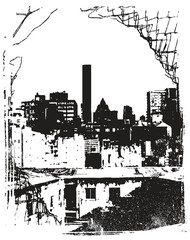 Urban Silhouette with Distressed Frame: A Monochromatic Cityscape