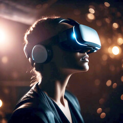 Modern people using virtual reality headsets in stylish interior or abstract space, with room for text