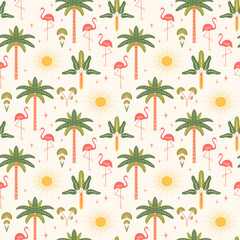 Tropical seamless pattern vector illustration. Modern exotic vacation repeat tile with flamingos, palm trees, sun in symmetrical Art deco style on light background. Cute boho summer vibes design