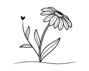 Single Line Drawing of a Daisy Flower with a Heart