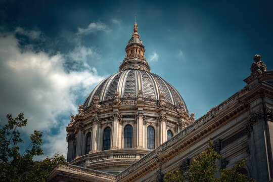 Large cathedral dome against blue sky, dramatic view from outside - Powered by Adobe