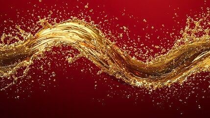A shimmering wave of gold on a vibrant crimson red background, liquid gold splashes spreading outward in a bold and clean composition.
