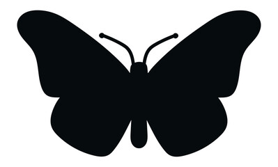 Simple black butterfly silhouette with spread wings and antennas showing, isolated on white background, representing concepts like nature, beauty, and transformation