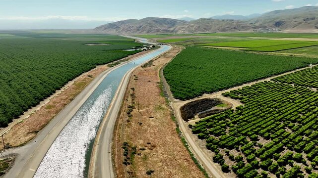 Aerial of farms along an aqueduct running through California's Central Valley north of Los Angeles.