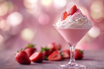 Strawberry milkshake in a martini glass with whipped cream, sprinkles, and fresh strawberries, for dessert recipe.