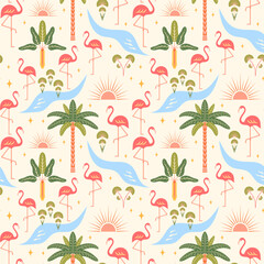 Flamingos seamless pattern vector illustration. Tropical pink flamingo birds on river bank, exotic palm trees, decorative celestial symbols on light background. Cute colorful boho summer vibes design